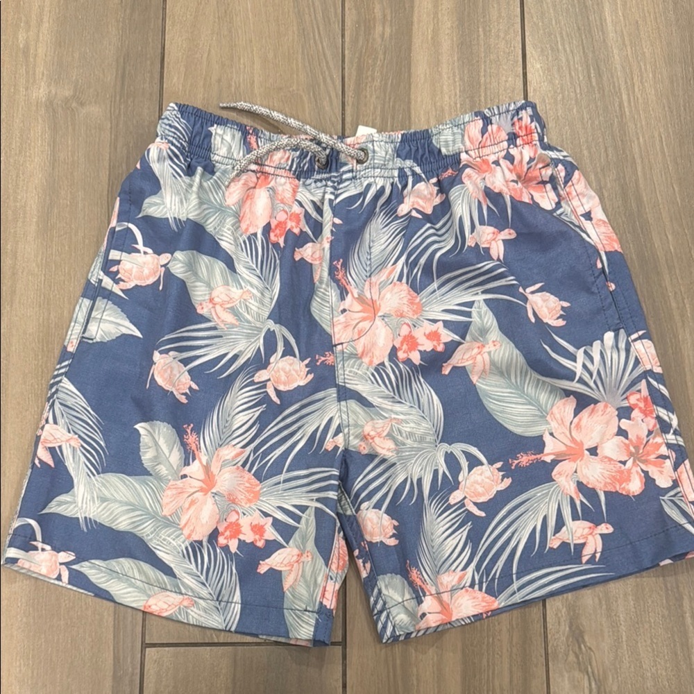 Boys Blue and Pink Floral Swim Trunks with Tropical Design size 14
